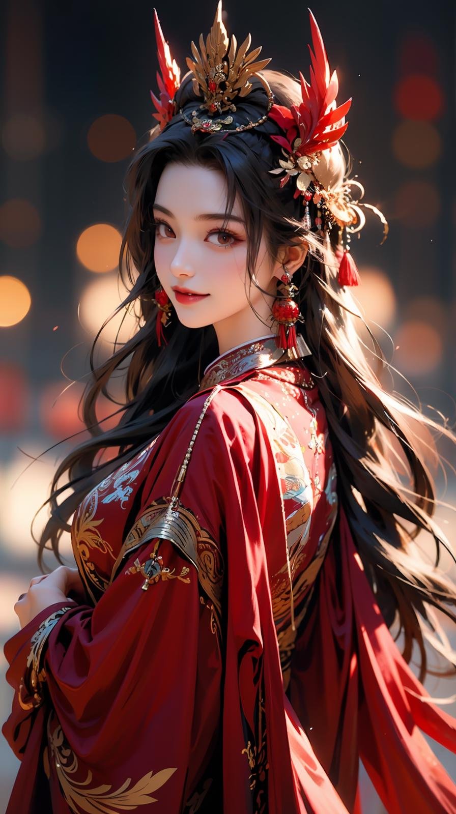 1girl, jewelry, earrings, solo, long hair, hair ornament, looking back, looking at viewer, red dress, black hair, upper body, closed mouth, blurry, dress, tassel, brown hair, feathers, from behind, chinese clothes, tassel earrings<lora:凤冠霞帔:0.6>,smile,