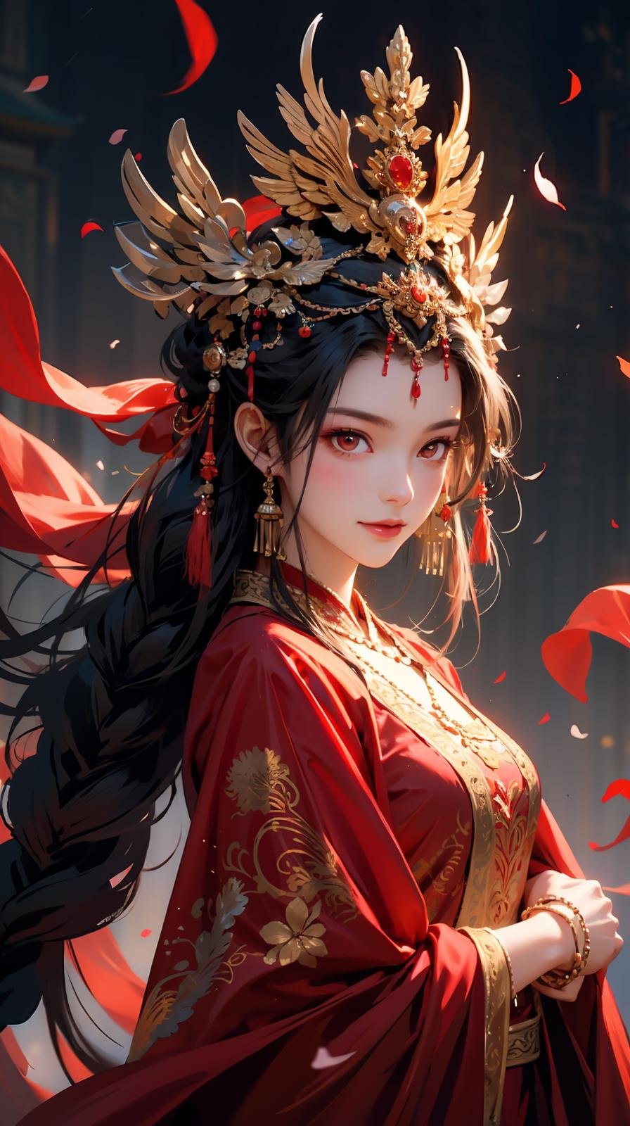 1girl, solo, long hair, petals, falling petals, jewelry, dress, hair ornament, red dress, chinese clothes, black hair, bracelet, long sleeves, red eyes, braid, forehead mark, closed mouth, looking at viewer, facial mark<lora:凤冠霞帔:0.6>,smile,pretty face,exquisite facial features,