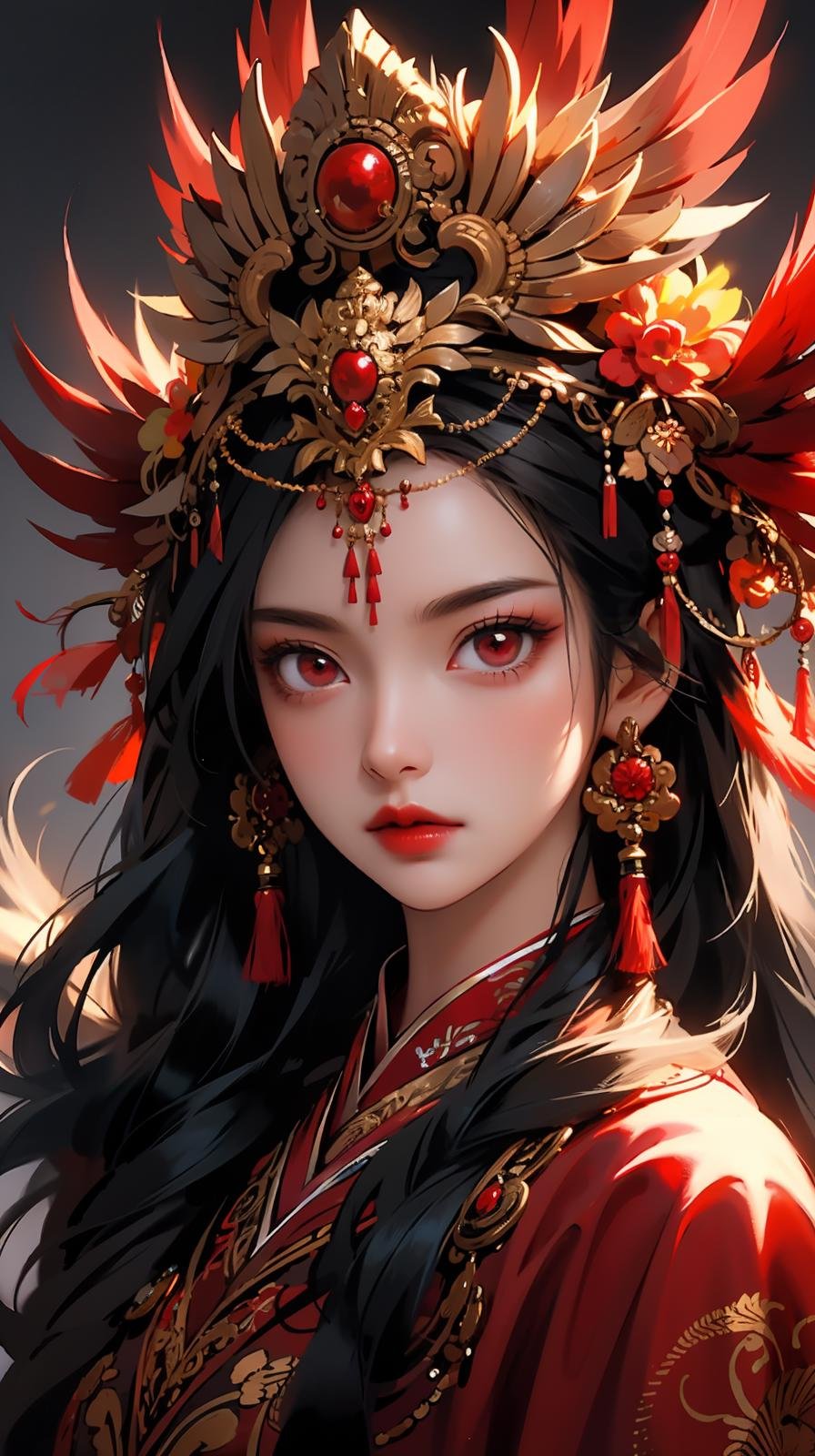 1girl, solo, jewelry, red eyes, earrings, long hair, hair ornament, looking at viewer, feathers, black hair, red lips, makeup, upper body, tassel, chinese clothes, grey background, parted lips, headdress, flower, lipstick, eyelashes, lips<lora:凤冠霞帔:0.6>,the whole body,