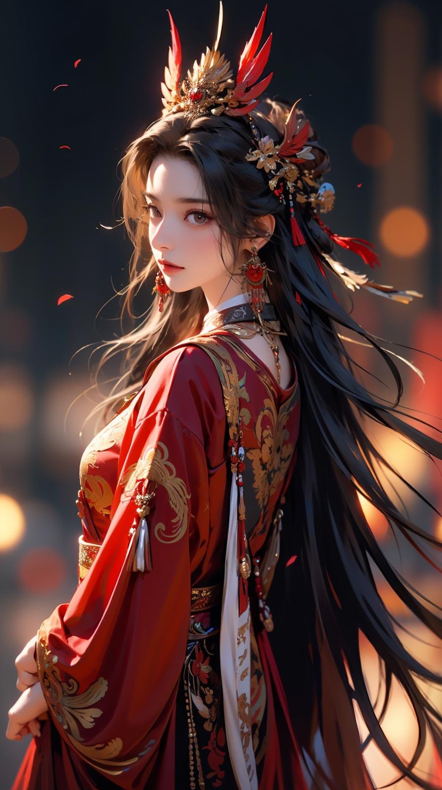 1girl,jewelry,earrings,solo,long hair,hair ornament,looking back,looking at viewer,red dress,black hair,upper body,closed mouth,blurry,dress,tassel,brown hair,feathers,from behind,chinese clothes,tassel earrings,<lora:凤冠霞帔:0.6>,the whole body,