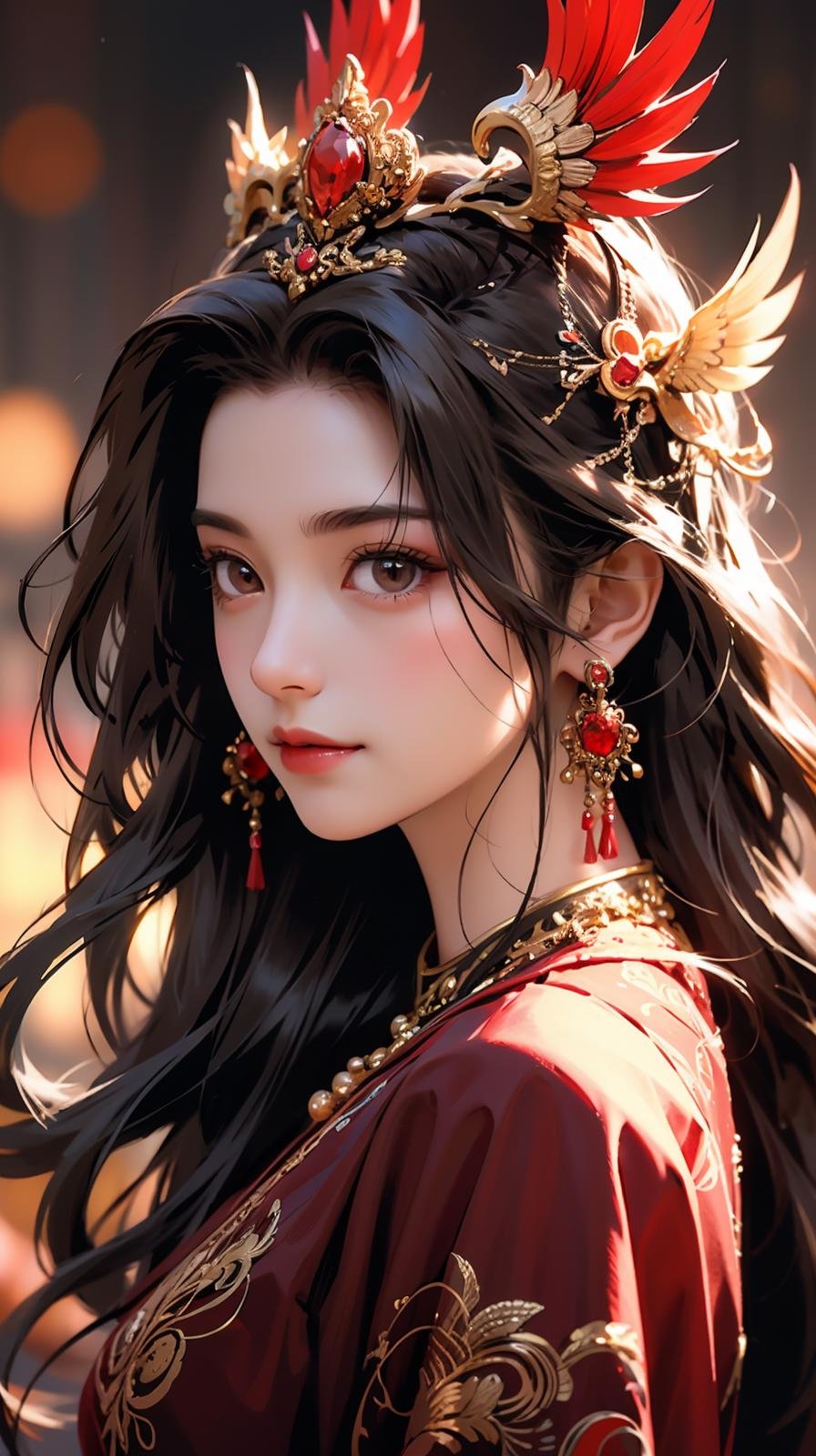 1girl,jewelry,earrings,solo,hair ornament,long hair,looking at viewer,red dress,from side,upper body,dress,brown hair,black hair,feathers,closed mouth,brown eyes,portrait,expressionless,blurry,<lora:凤冠霞帔:0.6>,smile,