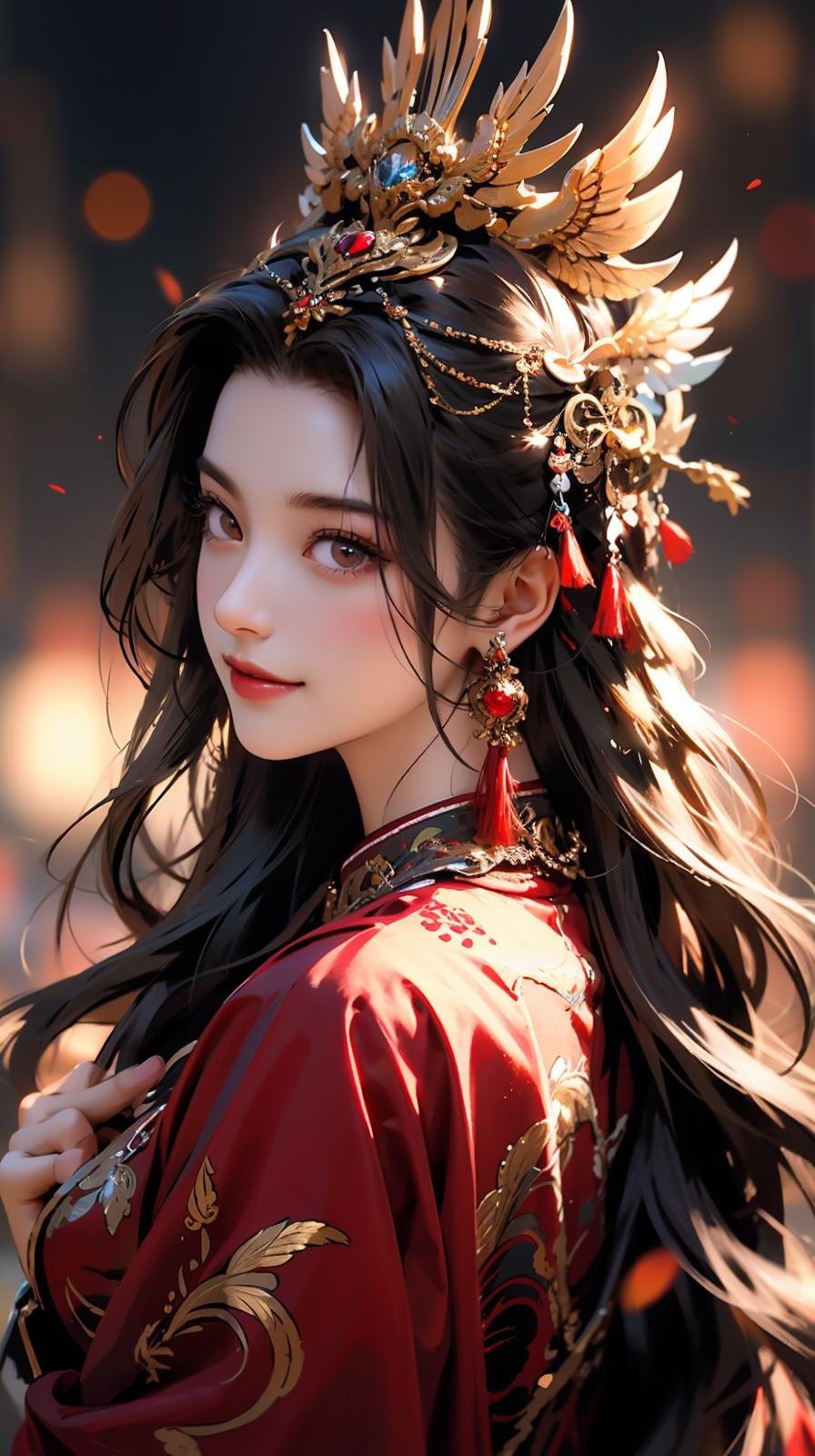 1girl, jewelry, earrings, solo, long hair, hair ornament, looking back, looking at viewer, red dress, black hair, upper body, closed mouth, blurry, dress, tassel, brown hair, feathers, from behind, chinese clothes, tassel earrings<lora:凤冠霞帔:0.6>,smile,