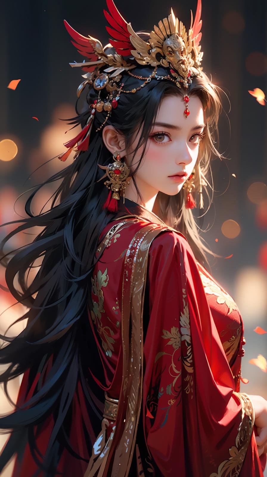 1girl,jewelry,earrings,solo,long hair,hair ornament,looking back,looking at viewer,red dress,black hair,upper body,closed mouth,blurry,dress,tassel,brown hair,feathers,from behind,chinese clothes,tassel earrings,<lora:凤冠霞帔:0.6>,disgust,frown,furrowed_brow,