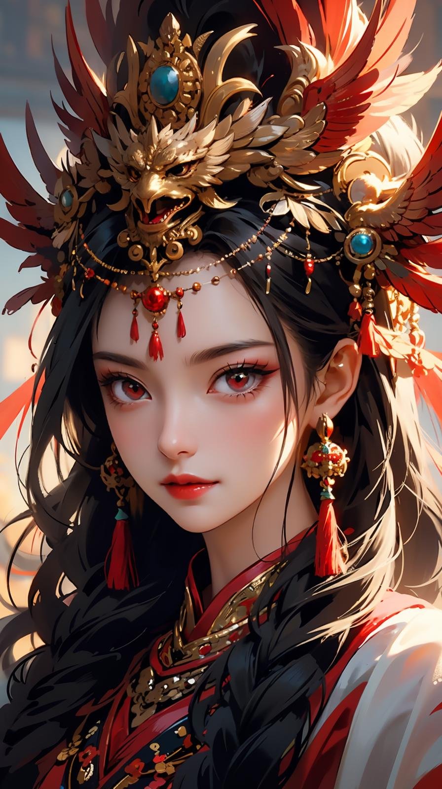 1girl, jewelry, solo, earrings, looking at viewer, long hair, black hair, tassel, red eyes, hair ornament, feathers, parted lips, upper body, red lips, portrait, necklace, headdress, braid, eyelashes, gem, lips, chinese clothes, beads, makeup<lora:凤冠霞帔:0.6>,smile,