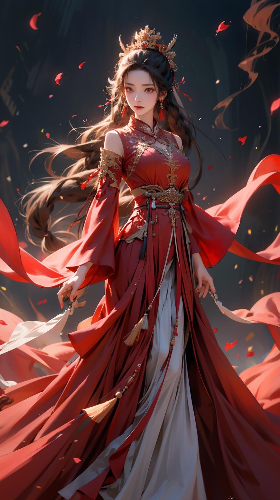 1girl, solo, dress, long hair, red dress, jewelry, petals, falling petals, earrings, forehead mark, black hair, chinese clothes, hair ornament, full body, facial mark, long sleeves, braid, tassel, hair bun<lora:凤冠霞帔:0.6>,