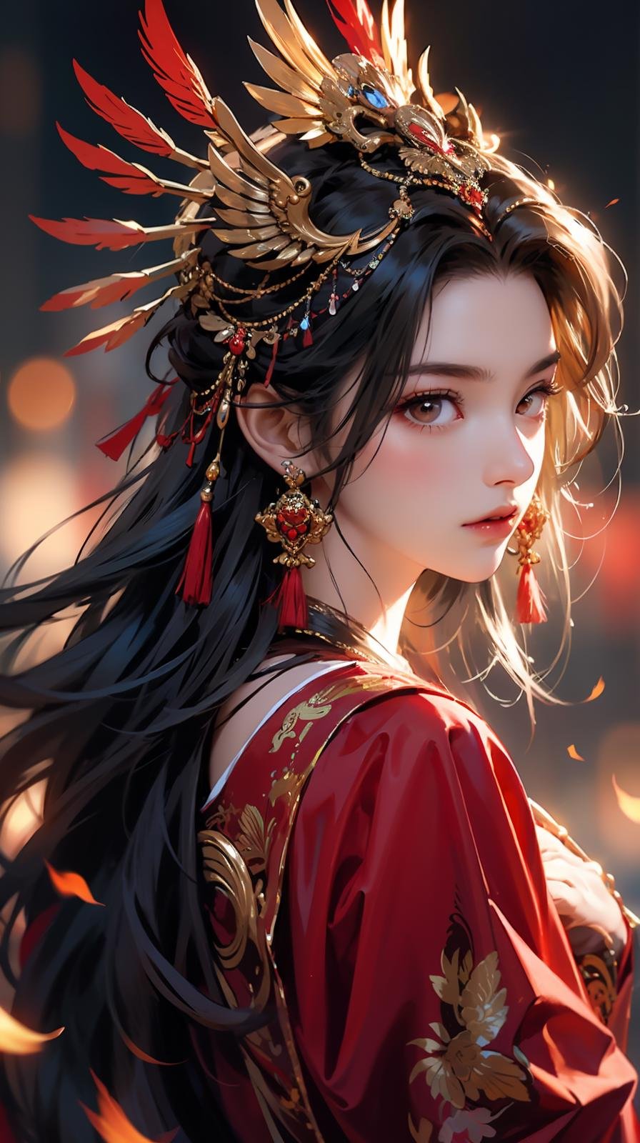 1girl,jewelry,earrings,solo,long hair,hair ornament,looking back,looking at viewer,red dress,black hair,upper body,closed mouth,blurry,dress,tassel,brown hair,feathers,from behind,chinese clothes,tassel earrings,<lora:凤冠霞帔:0.6>,disgust,