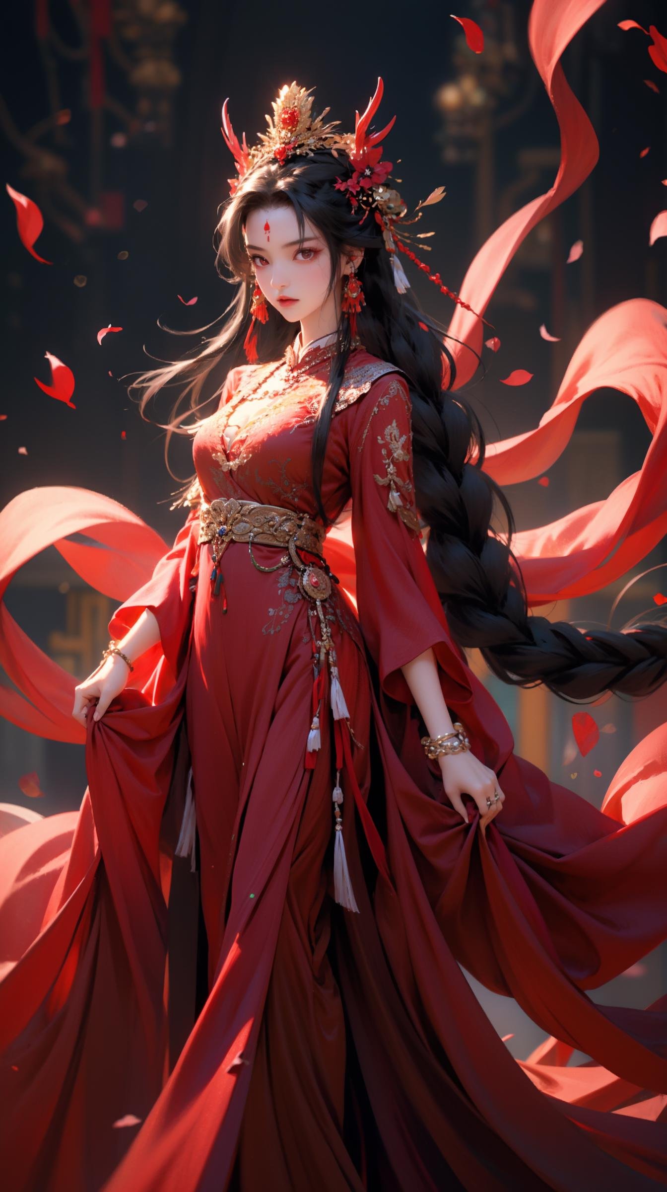 1girl,solo,long hair,petals,falling petals,jewelry,dress,hair ornament,red dress,chinese clothes,black hair,bracelet,long sleeves,red eyes,braid,forehead mark,closed mouth,looking at viewer,facial mark,<lora:凤冠霞帔:0.6>,pretty face,exquisite facial features,(the whole body:1.3),