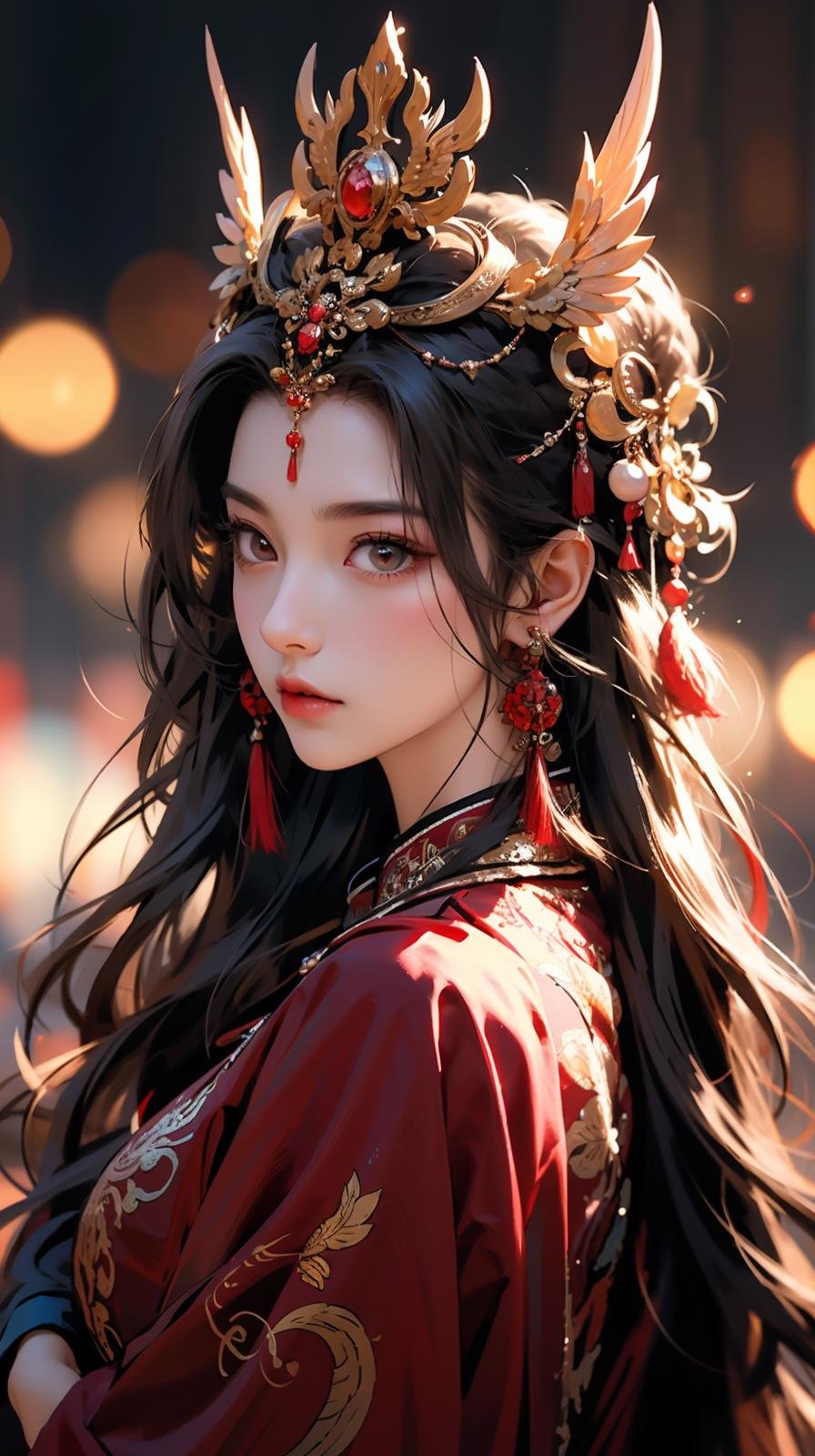 1girl,jewelry,earrings,solo,long hair,hair ornament,looking back,looking at viewer,red dress,black hair,upper body,closed mouth,blurry,dress,tassel,brown hair,feathers,from behind,chinese clothes,tassel earrings,<lora:凤冠霞帔:0.6>,disgust,