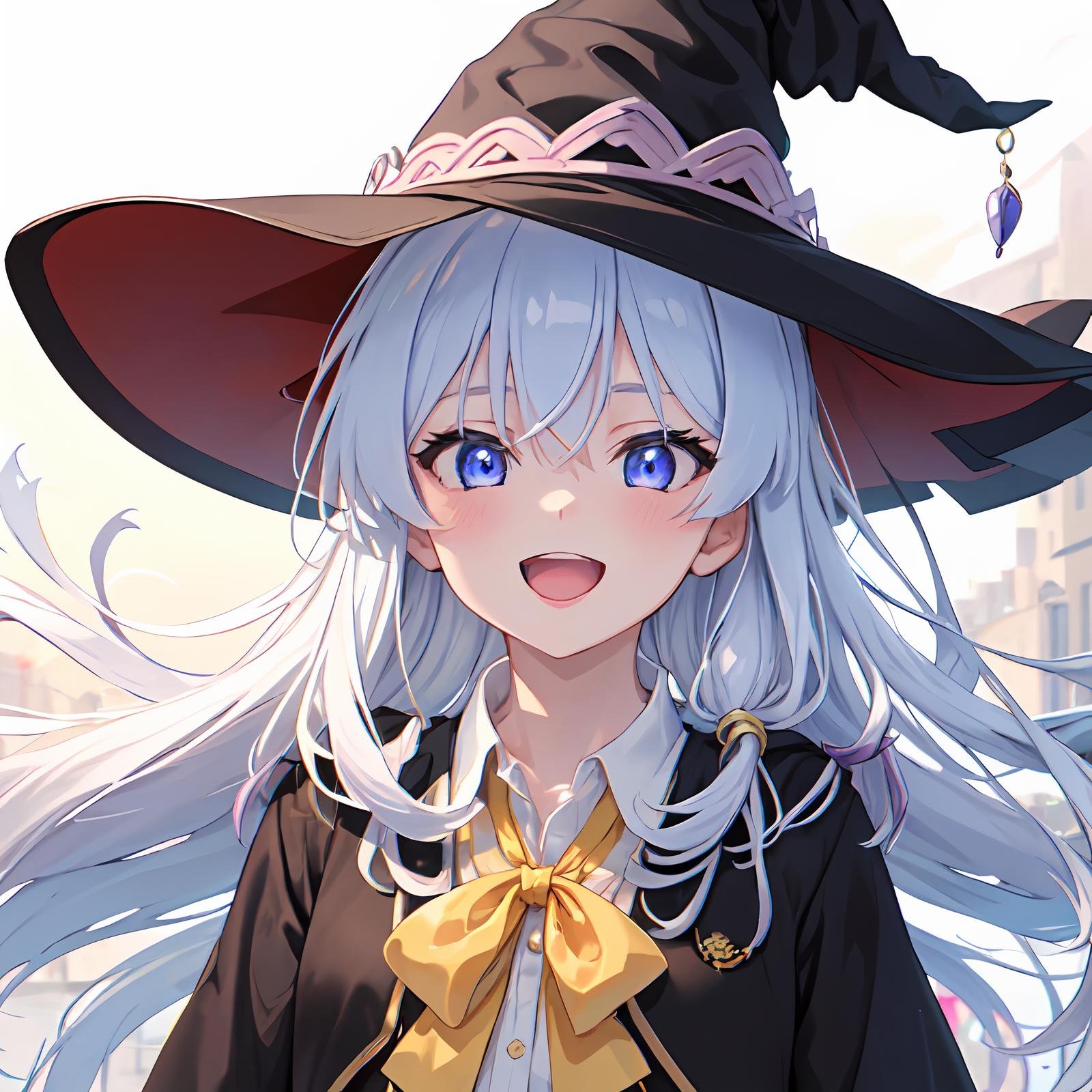 (masterpiece:1.6, best quality), (finely detailed beautiful eyes: 1.2),  phelaina, Eouftit3,  Eof3, 1girl, elaina (majo no tabitabi), solo, witch hat, long hair, black headwear, blue eyes, collared shirt, hair between eyes, white shirt, ribbon, yellow ribbon, bangs, upper teeth only, teeth, neck ribbon, bow, witch, open clothes, blush, anime coloring, hood, yellow bow, jewelry, floating hair, yellow bowtie, shiny hair, bowtie, black robe, wing collar, open robe, purple eyes, dress shirt,  anime color,  <lora:elaina-ph_64:1>