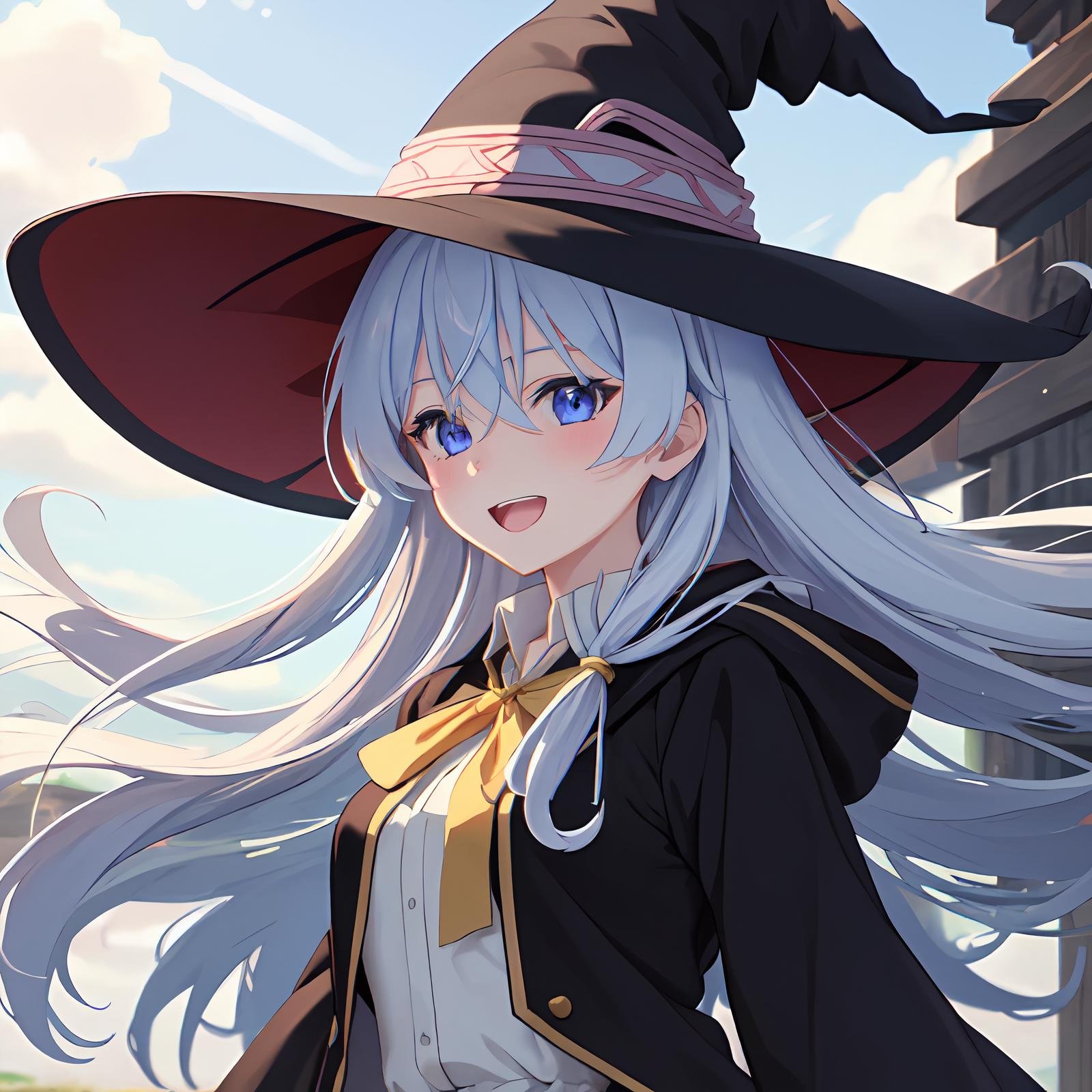 (masterpiece:1.6, best quality), (finely detailed beautiful eyes: 1.2),  phelaina, Eouftit3,  Eof3, 1girl, elaina (majo no tabitabi), solo, witch hat, long hair, black headwear, blue eyes, collared shirt, hair between eyes, white shirt, ribbon, yellow ribbon, bangs, upper teeth only, teeth, neck ribbon, bow, witch, open clothes, blush, anime coloring, hood, yellow bow, jewelry, floating hair, yellow bowtie, shiny hair, bowtie, black robe, wing collar, open robe, purple eyes, dress shirt,  anime color,  <lora:elaina-ph_64:1>