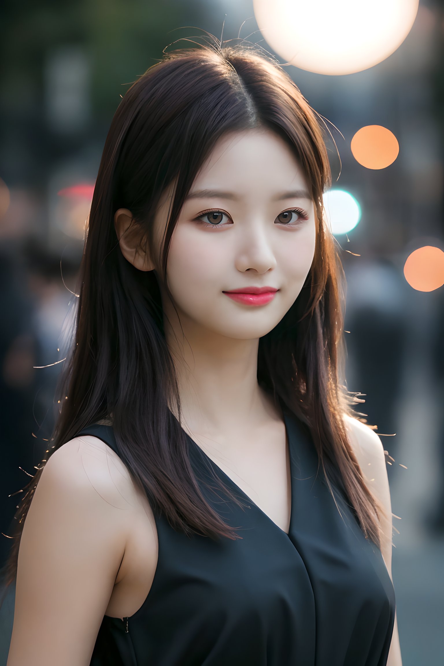 (upper body:1.2)), nikon RAW photo,8 k, Fujifilm XT3,masterpiece, best quality, realistic, photorealistic, ultra detailed, extremely detailed face, small smile, solo,1girl, standing, fashionable and trendy atmosphere, and a stylish expression on her face, close up, (narrow waist), black dress, walking, at the dark streets, moonrise, sleeveless, fabric clothes, medium tits,