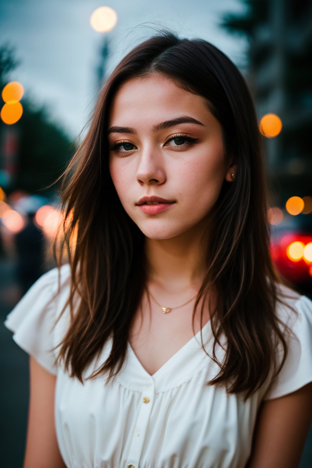 instagram photo, closeup face photo of 18 y.o swedish woman in dress, beautiful face, makeup, night city street, bokeh, motion blur
