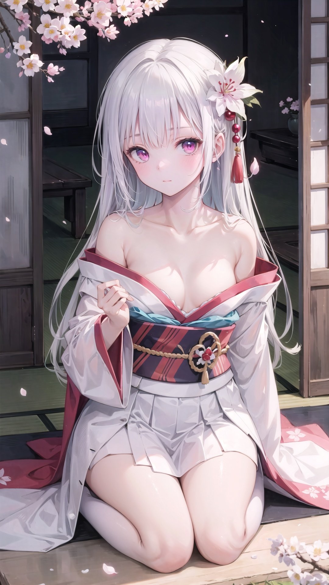  1girl, japanese clothes, solo, kimono, long hair, breasts, floral print, looking at viewer, collarbone, page number, cleavage, hair ornament, off shoulder, bangs, sash, obi, bare shoulders, flower, white kimono, very long hair, sitting, white hair, long sleeves, blush, branch, closed mouth, small breasts, hair flower, medium breasts, pink eyes, wide sleeves, cherry blossoms, sleeves past wrists, cozy animation scenes, WANSHENG