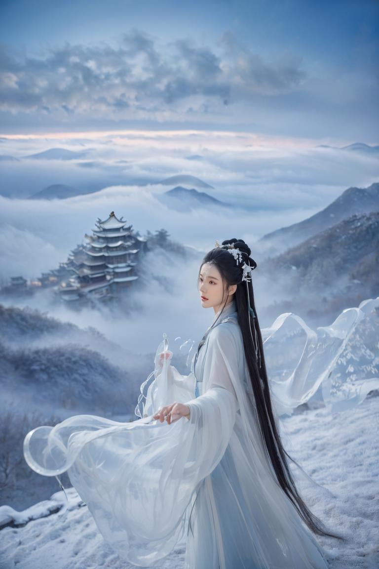 (1girl:1.3), adult, Guofeng, Hanfu, mist, looking at viewer,long hair blown by the wind,  dusk, masterpiece,analog film photo ethereal fantasy concept art of masterpiece, dynamic perspective, intricate details, wide angle, motion blur. white long hair. She stood on a mountaintop. 