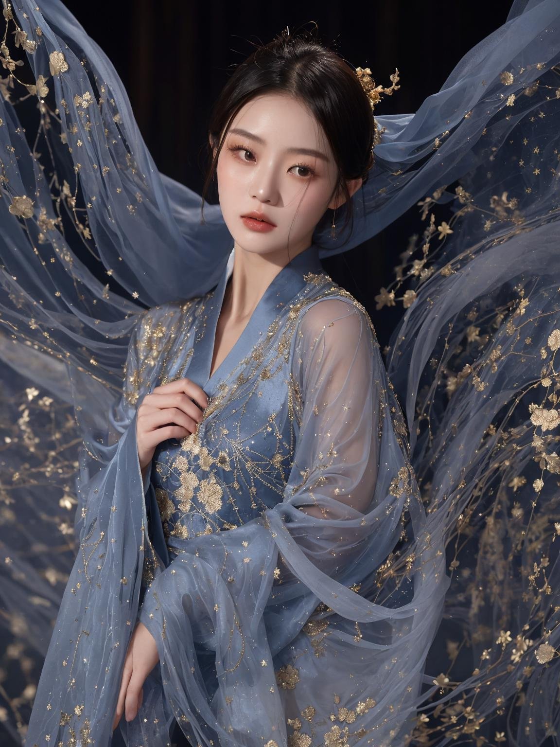 In a vast and starry sky,a young Chinese woman in an elegant celestial blue robe floats effortlessly. The robe is made of a fine silk that billows and ripples as she moves,almost dissolving into the vaporous skyscape. Intricate gold embroidered patterns adorn her sleeves and hem,adding a touch of elegance and sophistication. Wisps of fog swirl around her like silky veils,creating a sense of mystery and intrigue,(High quality, Superb lighting, Highly detailed, Sharp focus, 8K UHD, masterpiece art),