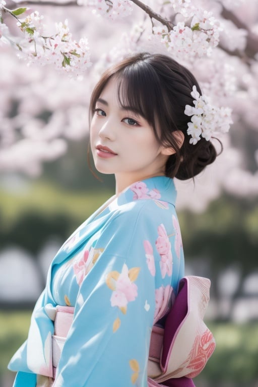 Extremely detailed CG unity 8k wallpapers, masterpieces, high resolution, extremely detailed wallpapers,lmyh1 pretty girls, Sophisticated Makeup,Wearing a (violet)Japanese kimono, Standing under the cherry blossom tree,happy Smile,center shot ,Upper Body ,Outdoor scenes,Soft natural light, rich layers, perfect lighting, Surreal Photography, Extreme Details,best quality, (masterpiece:1.2),ultra high res, photorealistic,best quality, (masterpiece:1.2),ultra high res, photorealistic,best quality, (masterpiece:1.2),ultra high res, photorealistic,best quality, (masterpiece:1.2),ultra high res, photorealistic