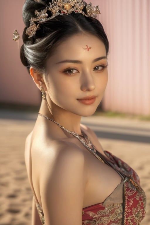 1 pretty girl, smiling for the camera, close up, long dress, bare skin, voluptuous body, desert in the background,mrps((Cinematic Lighting)),shallow depth of field, romantic setting, dreamy pastel palette, whimsical details, captured on film,(RAW photo, best quality),(realistic, photo-realistic:1.3), clean, masterpiece,finely detail,masterpiece,ultra-detailed,highres,(best illustration),(best shadow),intricate, bright light.,best quality, (masterpiece:1.2),ultra high res, photorealistic,best quality, (masterpiece:1.2),ultra high res, photorealistic,best quality, (masterpiece:1.2),ultra high res, photorealistic