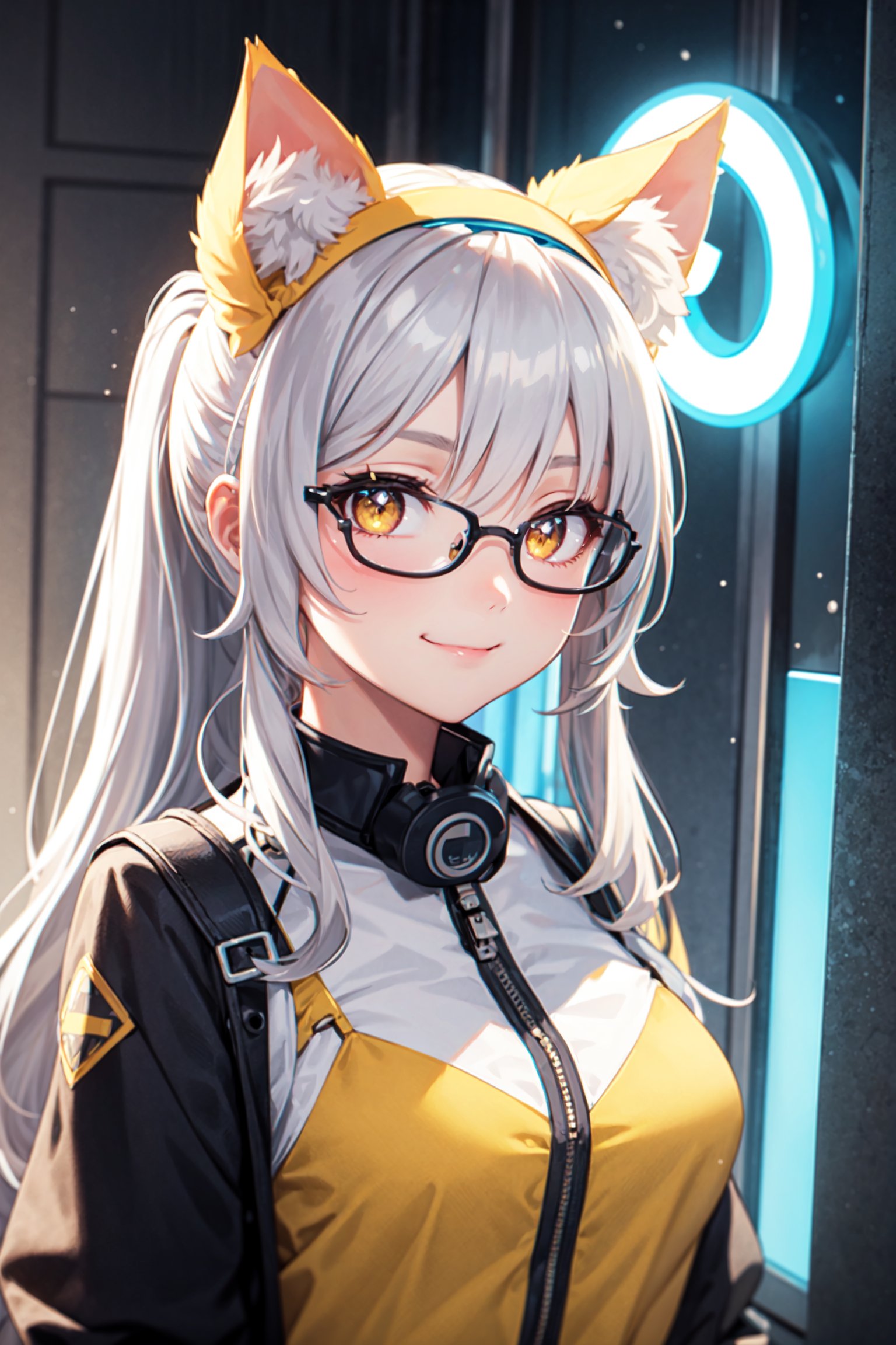 masterpiece, best quality, smile, 1girl, silver hair, long hair, ponytail, shiny hair, halo, yellow hairband, bespectacled, whistle around neck, multicolored eyes, star-shaped pupils, yellow eyes, animal ears, cat ears, light smile, shy, anime style, Surrealism, cinematic lighting, ray tracing, reflection light, glowing light, masterpiece, high details, best quality, textured skin, retina,