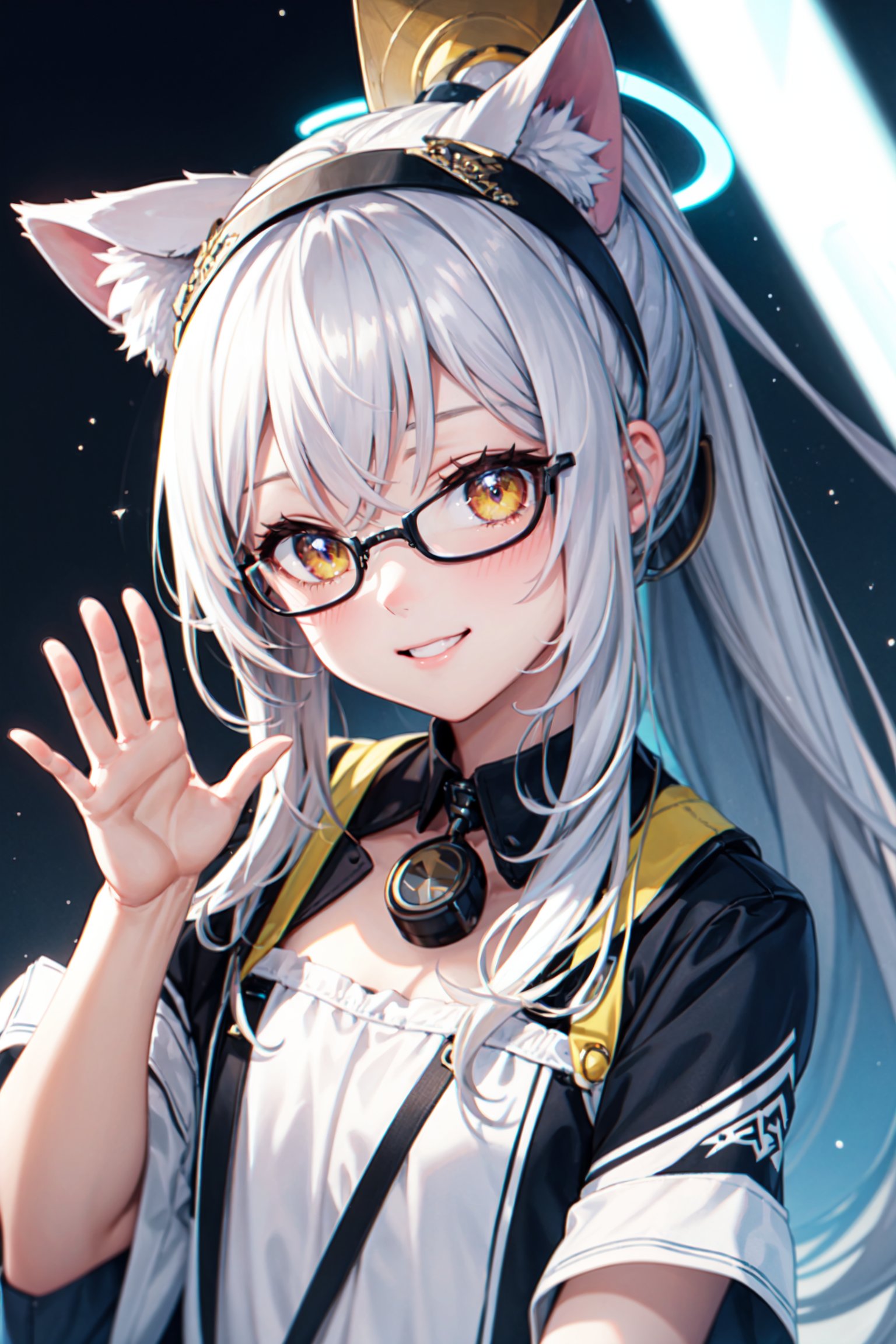 masterpiece, best quality, smile, 1girl, waving, silver hair, long hair, ponytail, shiny hair, halo, yellow hairband, bespectacled, whistle around neck, multicolored eyes, star-shaped pupils, yellow eyes, animal ears, cat ears, light smile, shy, anime style, Surrealism, cinematic lighting, ray tracing, reflection light, glowing light, masterpiece, high details, best quality, textured skin, retina,