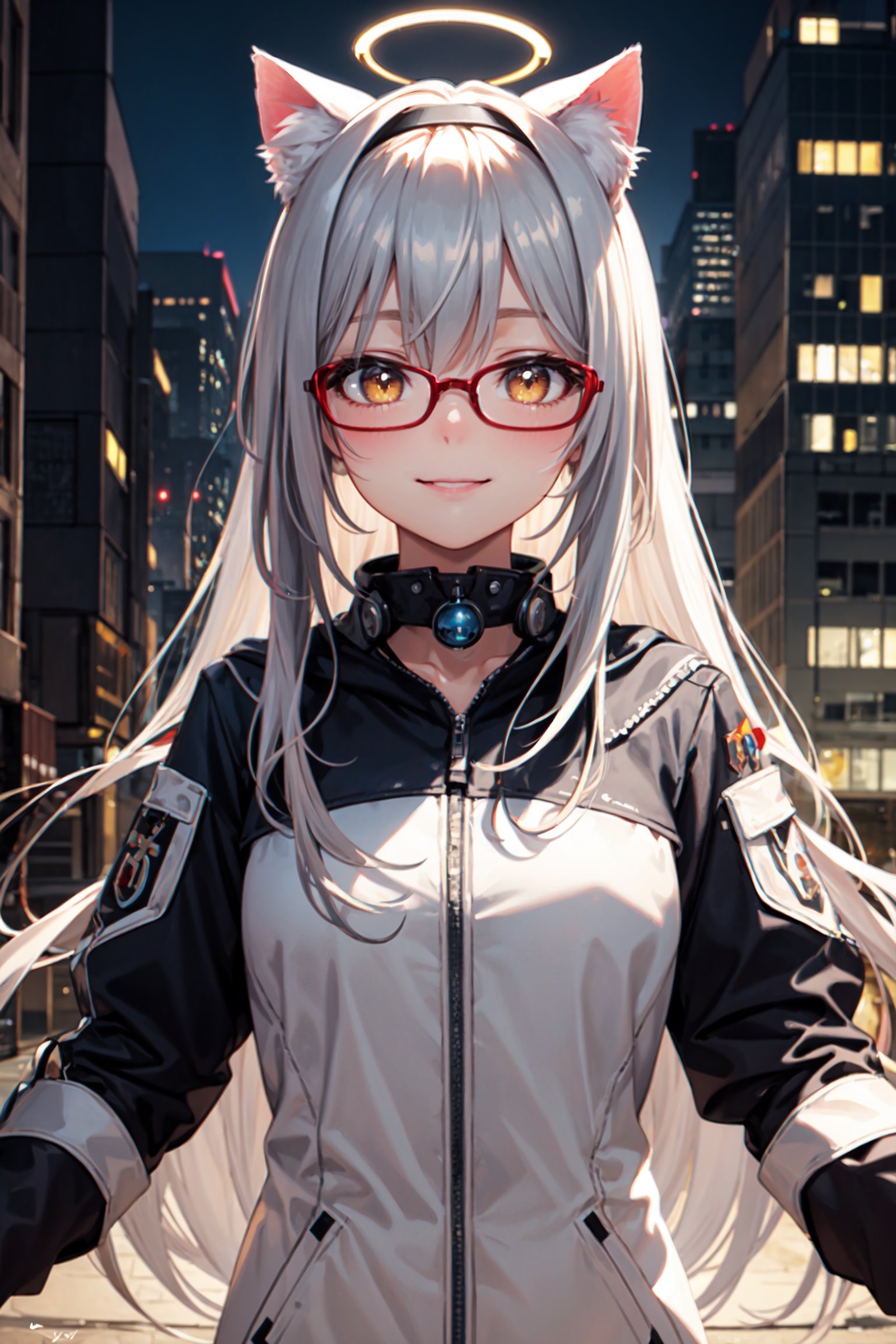 masterpiece, best quality, smile, 1girl, silver hair, long hair, ponytail, shiny hair, halo, yellow hairband, bespectacled, whistle around neck, background outdoor, city, building, modern city, multicolored eyes, star-shaped pupils, yellow eyes, animal ears, cat ears, light smile, shy, anime style, Surrealism, cinematic lighting, ray tracing, reflection light, glowing light, masterpiece, high details, best quality, textured skin, retina,