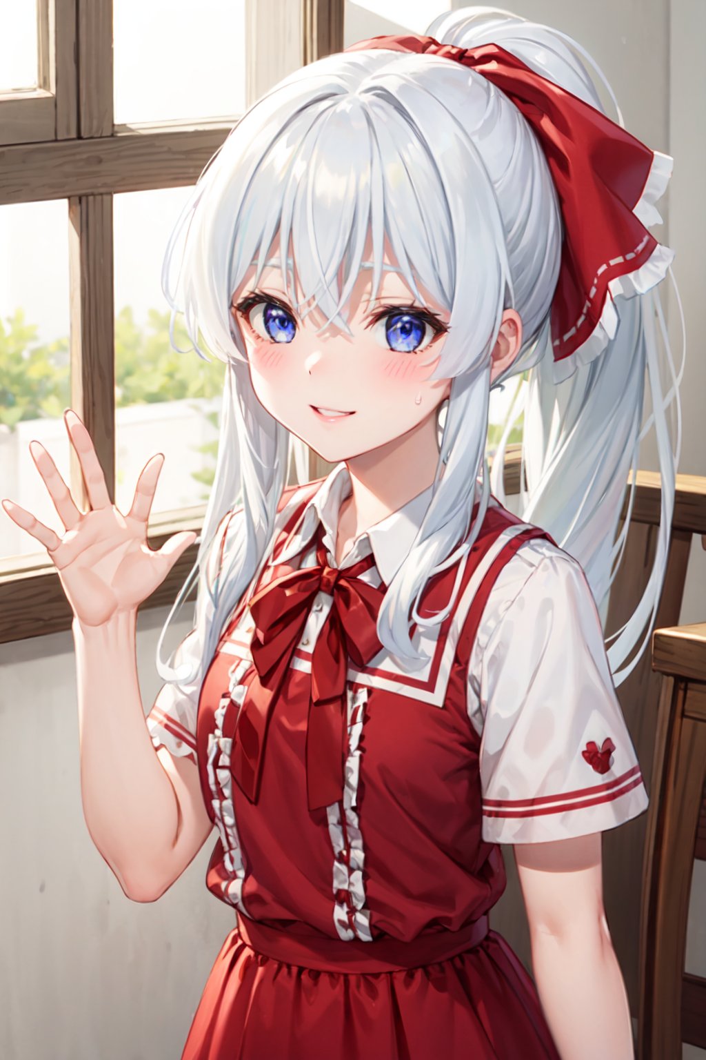 masterpiece, best quality, smile, 1girl, waving, ph elaina, Eoutfit1, elaina (majo no tabitabi), long hair, bangs, shiny, hair between eyes, sweatdrop, blue eyes, ribbon, ponytail, red ribbon, collared shirt, hair ribbon, red shirt, short sleeves, parted lips, red dress, frills, white hair, hair bow, red bow, wing collar, white shirt, blush, sweat, alternate hairstyle, crossed bangs