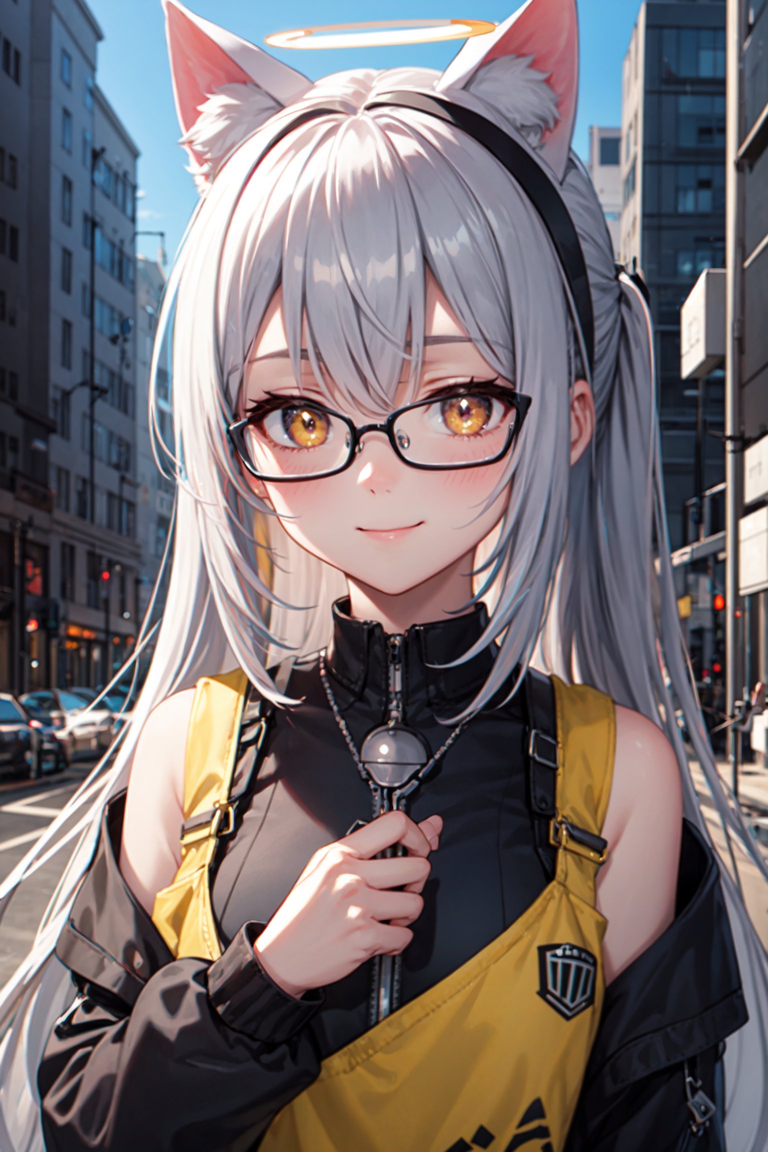 masterpiece, best quality, smile, 1girl, silver hair, long hair, ponytail, shiny hair, halo, yellow hairband, bespectacled, whistle around neck, background outdoor, city, building, modern city, multicolored eyes, star-shaped pupils, yellow eyes, animal ears, cat ears, light smile, shy, anime style, Surrealism, cinematic lighting, ray tracing, reflection light, glowing light, masterpiece, high details, best quality, textured skin, retina,