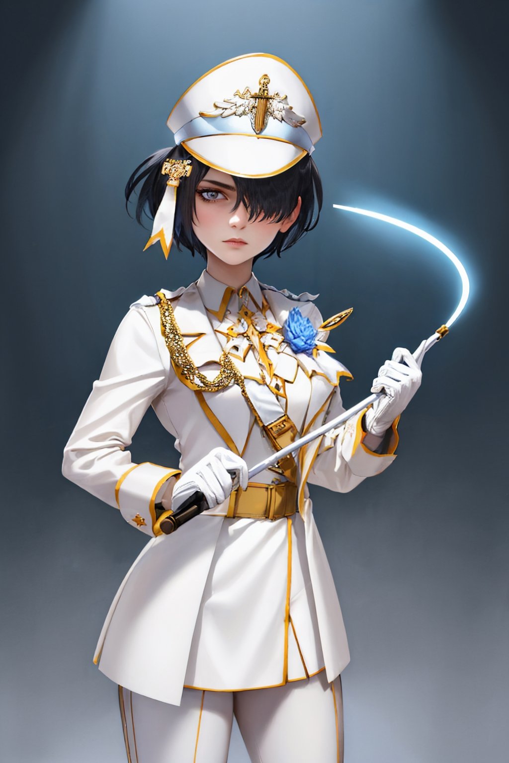 (masterpiece, best quality:1.2), solo, 1girl, htarchangel, serious, looking at viewer, holding, whip, holding whip, hair over one eye, military hat, halo, military uniform, cross, flower, white gloves, white pants <lora:helltaker_archangel:1.0> <lyco:UnlimitedBladeWorks1.6:0.9>