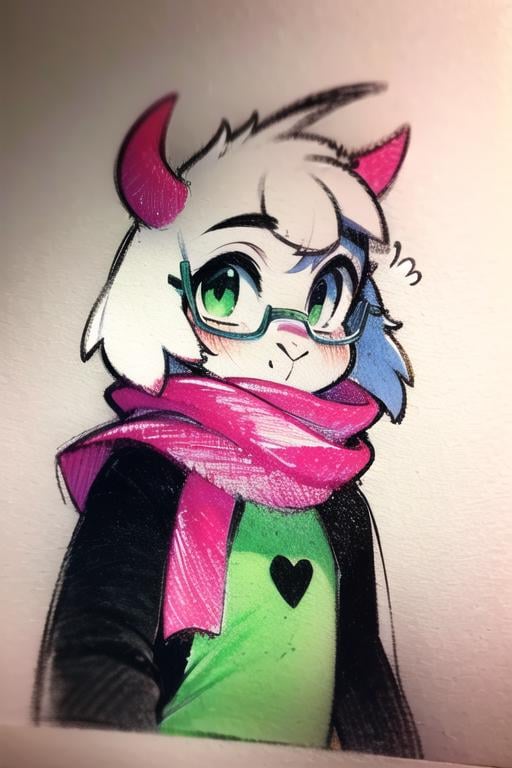 scan, (highres:1.2), (ultra-detailed:1.2), (oil painting:0.6), (sketch:1.2), ((traditional media)), 8k, 1boy, solo, furry, white fur, goat horns, pink horns, ralsei, snout, round eyewear, glasses, goat ears, fluffy, anthro, horns, upper body, looking at viewer, green eyes, pink scarf, green dress, long sleeves, <lora:ralsei:1>