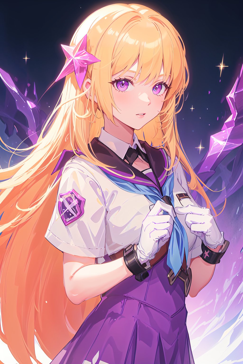  1girl, blonde hair, very long hair, teldmk, + +, hair ornament, school_uniform, white gloves, purple skirt, purple eyes, (upper_body:1.2)