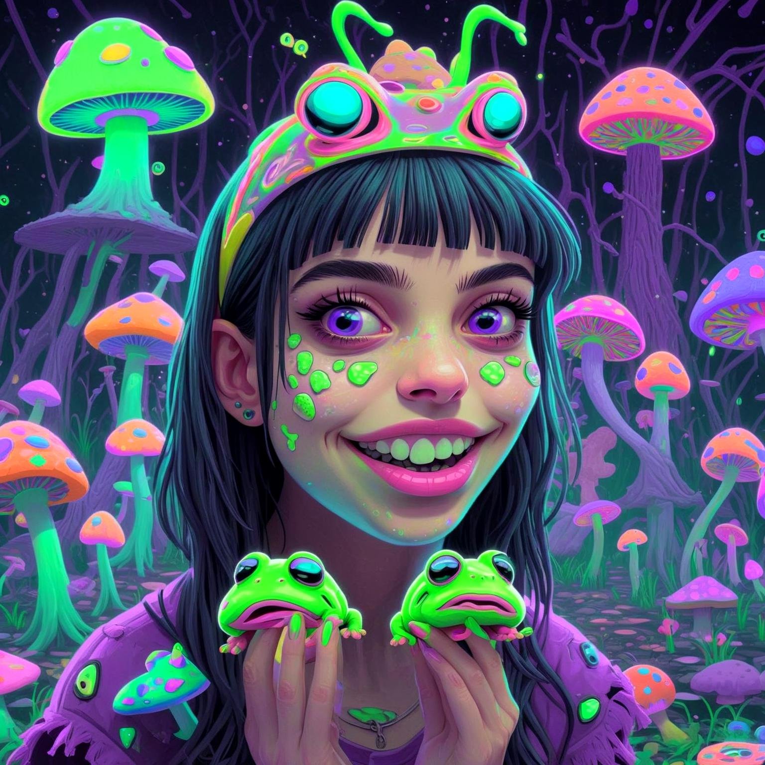 portrait cartoon 1girl 25yo kissing a frog, mushrooms,2d, neon colors, in the dmt universe, crazy eyes wide open, evil smile,in style of(bangerooo:1.15), low detail,