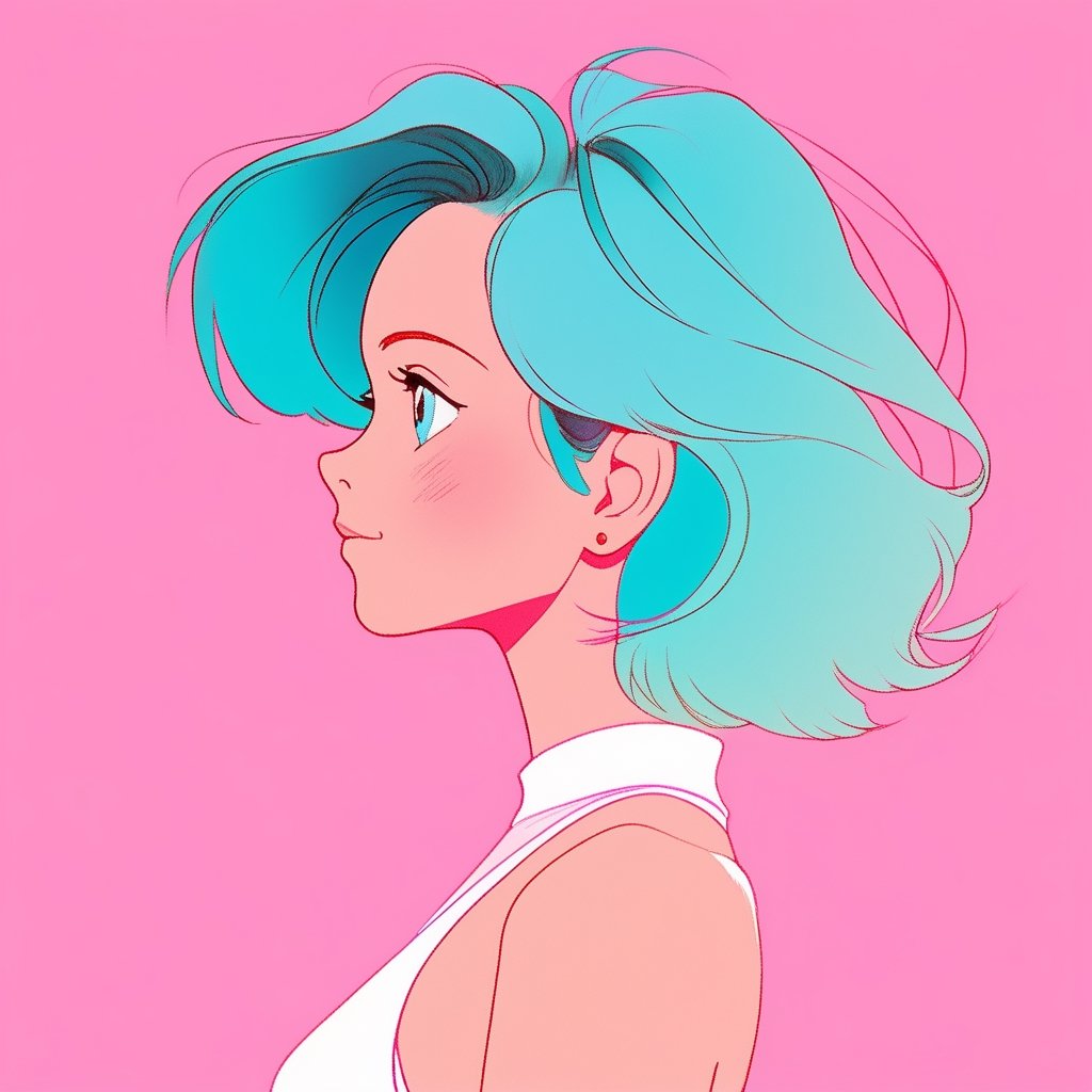 ghibli ,illustrator ,sketch , 1girl, portrait, Halter Top,Laboratory, Pink gradient background, Cyan hair,Side part, Sublime , (masterpiece,best quality)