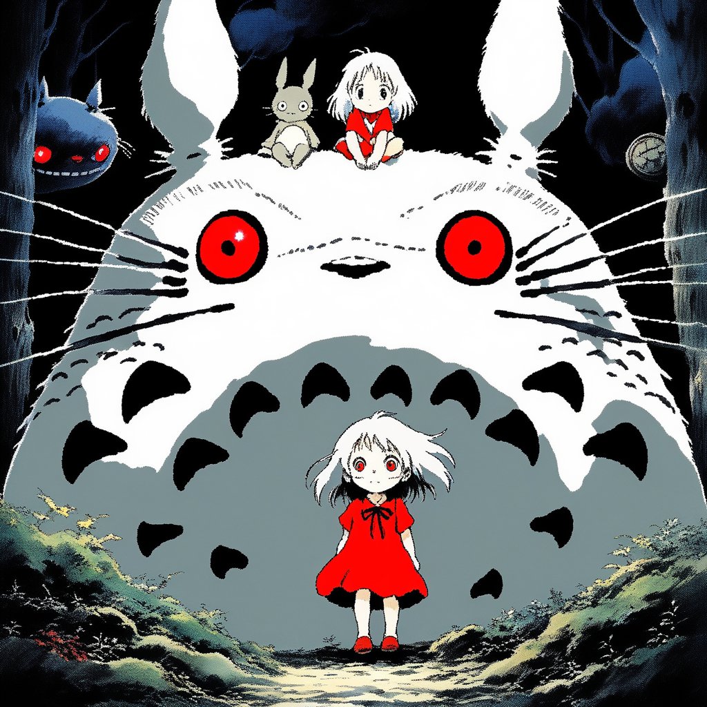 ghibli ,horror style ,sketch , chilren girl,totoro, red eyes, dark white hair, sex shop