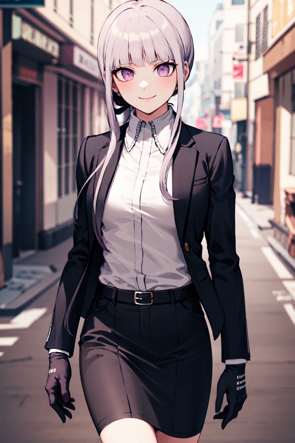 masterpiece, best quality, highres, aakyoko, long hair, purple hair, ponytail, blunt bangs, black jacket, open clothes, long sleeves, collared shirt, shirt tucked in, black gloves, black suit, skirt,  danganronpa \(series\), <lora:kirigiri_kyoko_v1:0.8>, street, walking, cowboy shot, smile