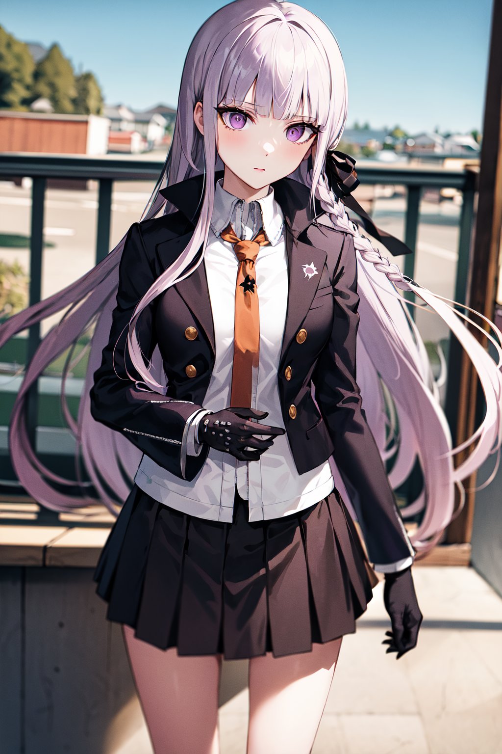 masterpiece, best quality, highres, aakyoko, long hair, purple hair, side braid, blunt bangs, hair ribbon, black ribbon, high collar, brown necktie, black jacket, open clothes, long sleeves, black gloves, black skirt, pleated skirt, danganronpa \(series\), <lora:kirigiri_kyoko_v1:0.8>, cowboy shot, standing, outdoors, 