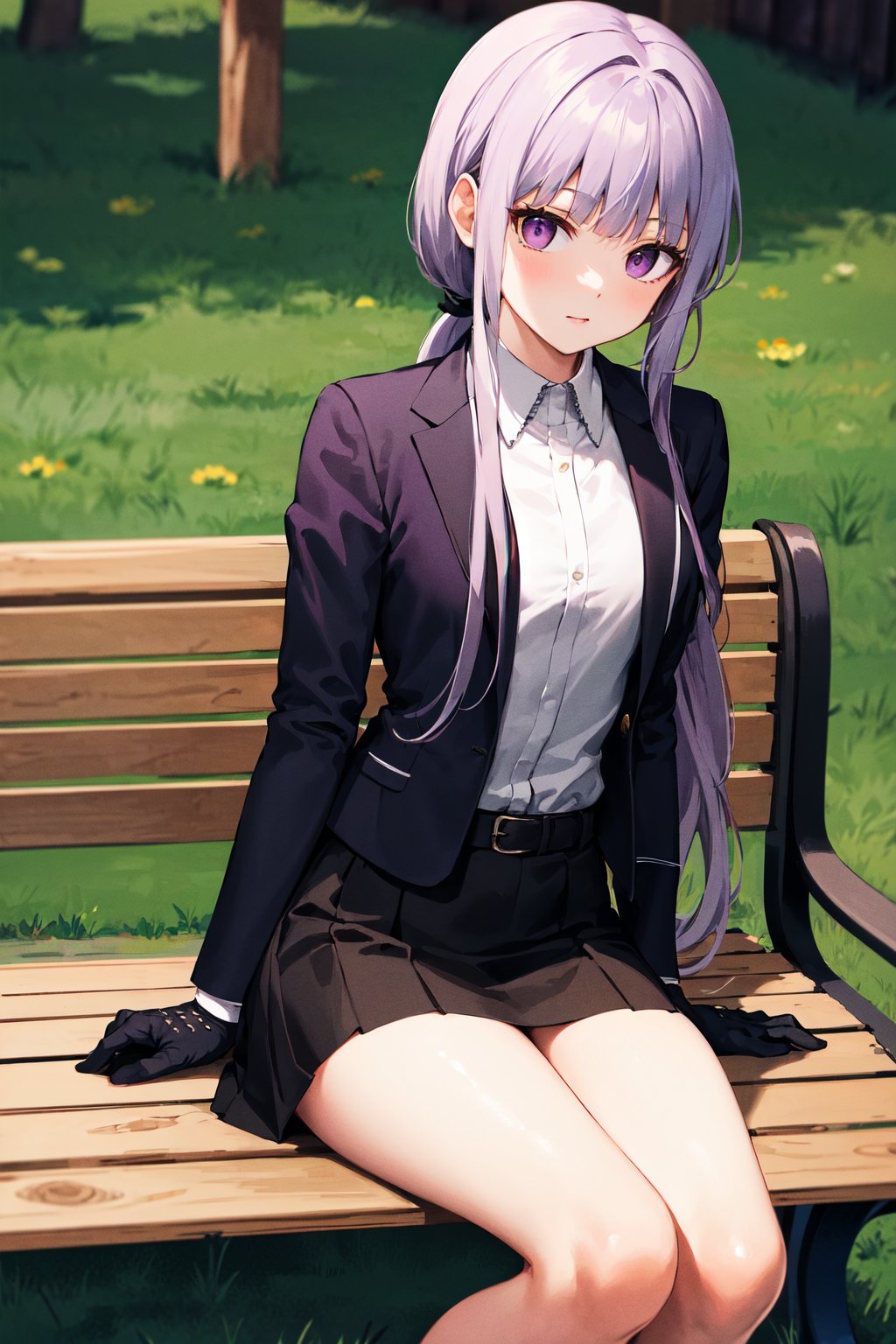 masterpiece, best quality, highres, aakyoko, long hair, purple hair, ponytail, blunt bangs, black jacket, open clothes, long sleeves, collared shirt, shirt tucked in, black gloves, black suit, skirt, <lora:kirigiri_kyoko_v1:0.8>, sitting, bench, outdoors, looking at viewer, 