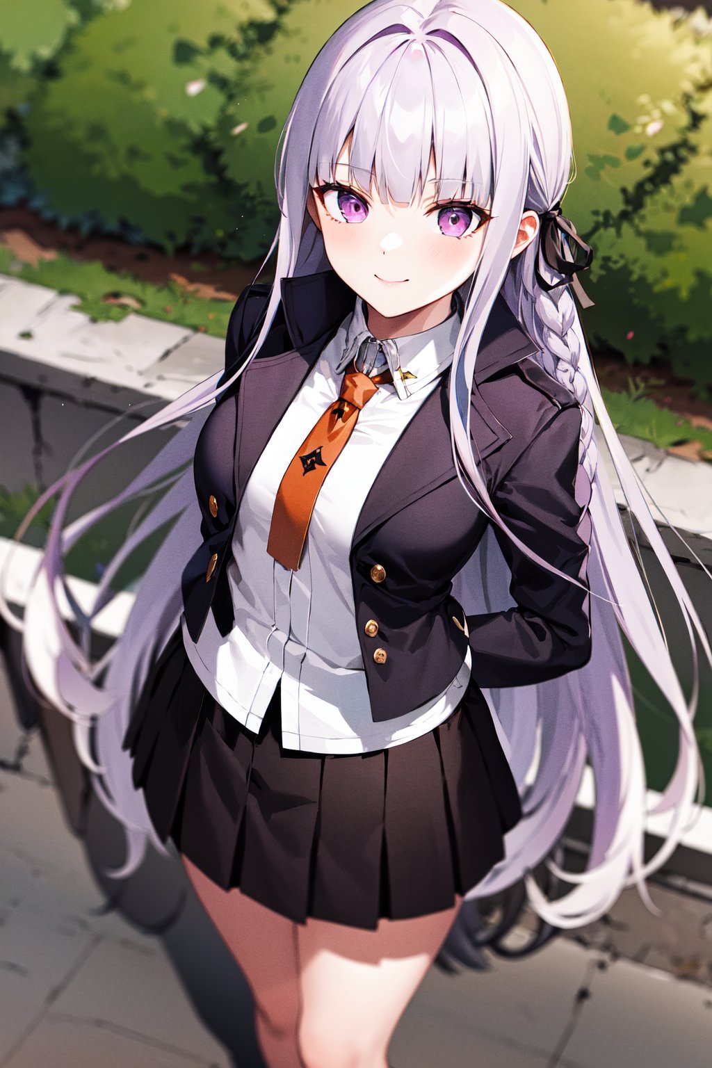 masterpiece, best quality, highres, aakyoko, long hair, purple hair, side braid, blunt bangs, hair ribbon, black ribbon, high collar, brown necktie, black jacket, open clothes, long sleeves, black gloves, black skirt, pleated skirt, <lora:kirigiri_kyoko_v1:0.8>, standing, outdoors, smile, from above, 