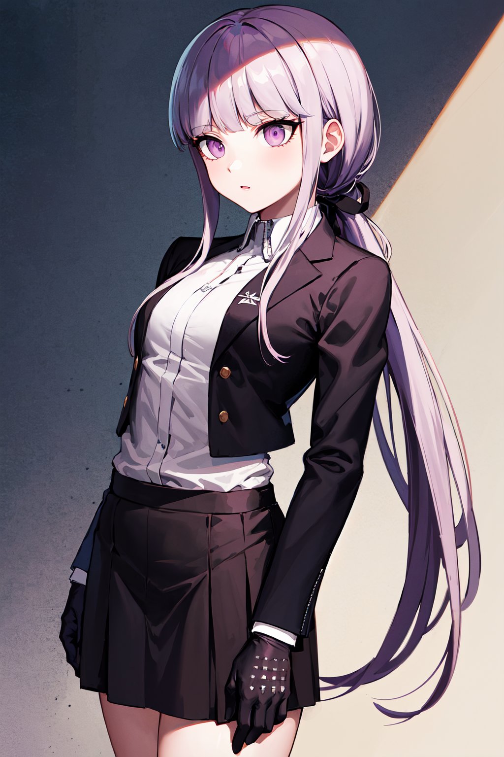 masterpiece, best quality, highres, aakyoko, long hair, purple hair, ponytail, blunt bangs, black jacket, open clothes, long sleeves, collared shirt, shirt tucked in, black gloves, black suit, skirt,  danganronpa \(series\), <lora:kirigiri_kyoko_v1:0.8>, cowboy shot, standing