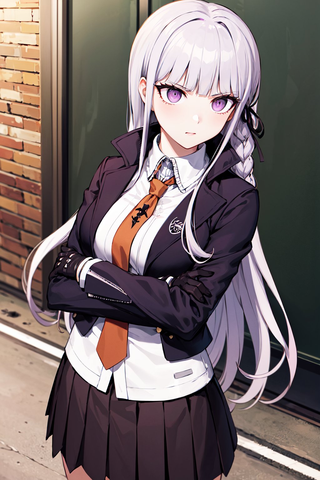 masterpiece, best quality, highres, aakyoko, long hair, purple hair, side braid, blunt bangs, hair ribbon, black ribbon, high collar, brown necktie, black jacket, open clothes, long sleeves, black gloves, black skirt, pleated skirt, danganronpa \(series\), <lora:kirigiri_kyoko_v1:0.8>, street, cowboy shot, crossed arms, serious,