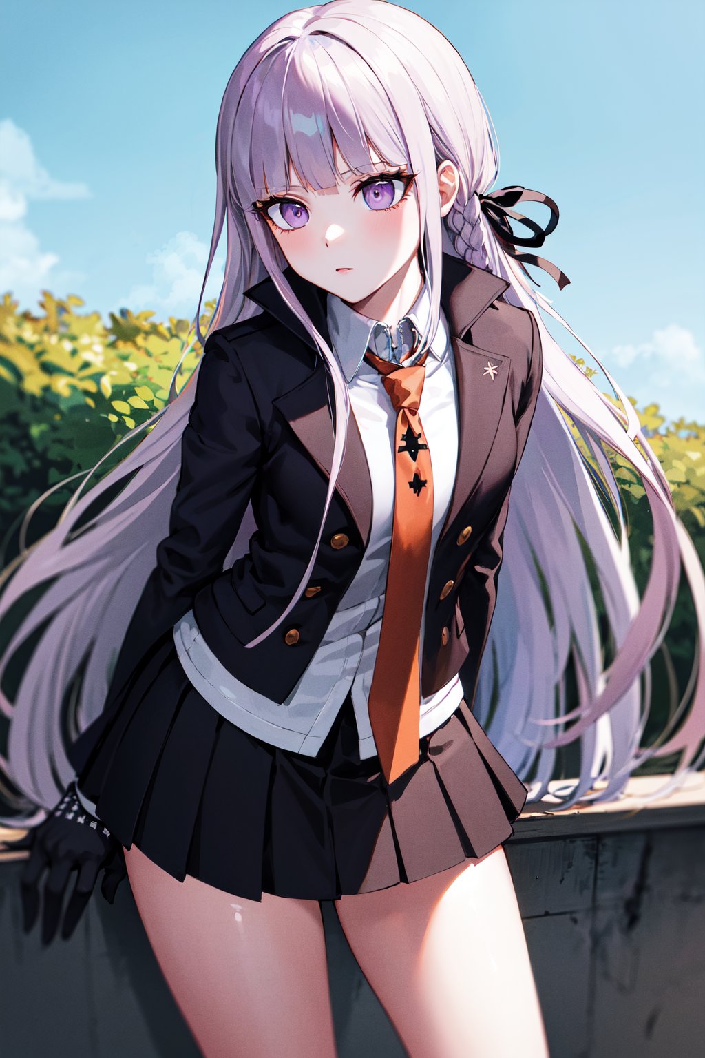 masterpiece, best quality, highres, aakyoko, long hair, purple hair, side braid, blunt bangs, hair ribbon, black ribbon, high collar, brown necktie, black jacket, open clothes, long sleeves, black gloves, black skirt, pleated skirt, danganronpa \(series\), <lora:kirigiri_kyoko_v1:0.8>, cowboy shot, standing, outdoors, leaning forward, 