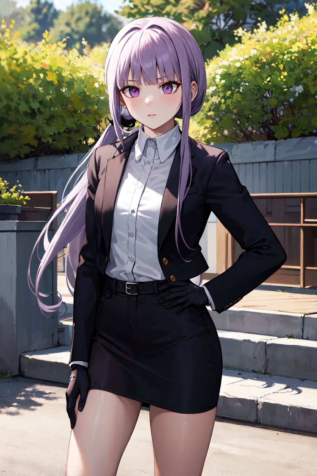 masterpiece, best quality, highres, aakyoko, long hair, purple hair, ponytail, blunt bangs, black jacket, open clothes, long sleeves, collared shirt, shirt tucked in, black gloves, black suit, skirt, <lora:kirigiri_kyoko_v1:0.8>, hand on hip, cowboy shot, outdoors