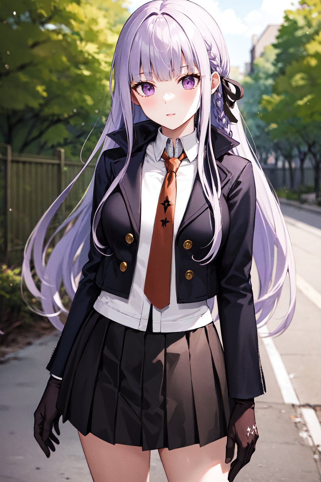 masterpiece, best quality, highres, aakyoko, long hair, purple hair, side braid, blunt bangs, hair ribbon, black ribbon, high collar, brown necktie, black jacket, open clothes, long sleeves, black gloves, black skirt, pleated skirt, <lora:kirigiri_kyoko_v1:0.8>, cowboy shot, standing, outdoors, 