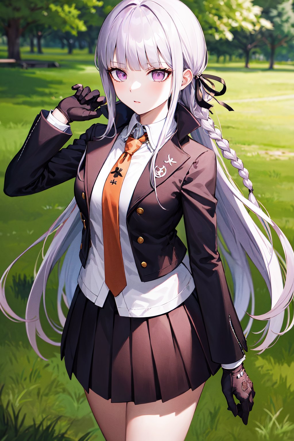 masterpiece, best quality, highres, aakyoko, long hair, purple hair, side braid, blunt bangs, hair ribbon, black ribbon, high collar, brown necktie, black jacket, open clothes, long sleeves, black gloves, black skirt, pleated skirt, danganronpa \(series\), <lora:kirigiri_kyoko_v1:0.8>, cowboy shot, standing, outdoors,