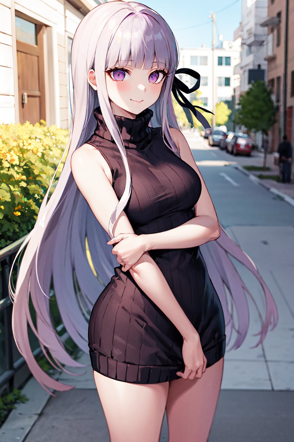 masterpiece, best quality, highres, aakyoko, long hair, purple hair, side braid, blunt bangs, hair ribbon, black ribbon, danganronpa \(series\), <lora:kirigiri_kyoko_v1:0.8>, cowboy shot, standing, outdoors, smile, sweater dress, virgin killer sweater, sleeveless, street,