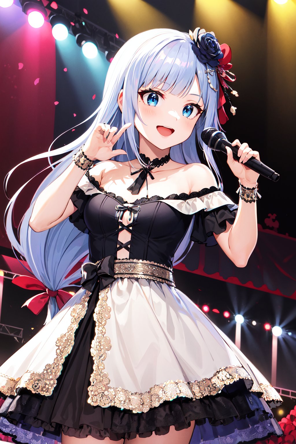 masterpiece, best quality, highres, aatsumugi, long hair, low-tied long hair, blunt bangs, hair ornament, <lora:shiraishi_tsumugi_v1:0.7>, idol, stage, dress, off shoulder, standing, holding microphone, smile, open mouth,