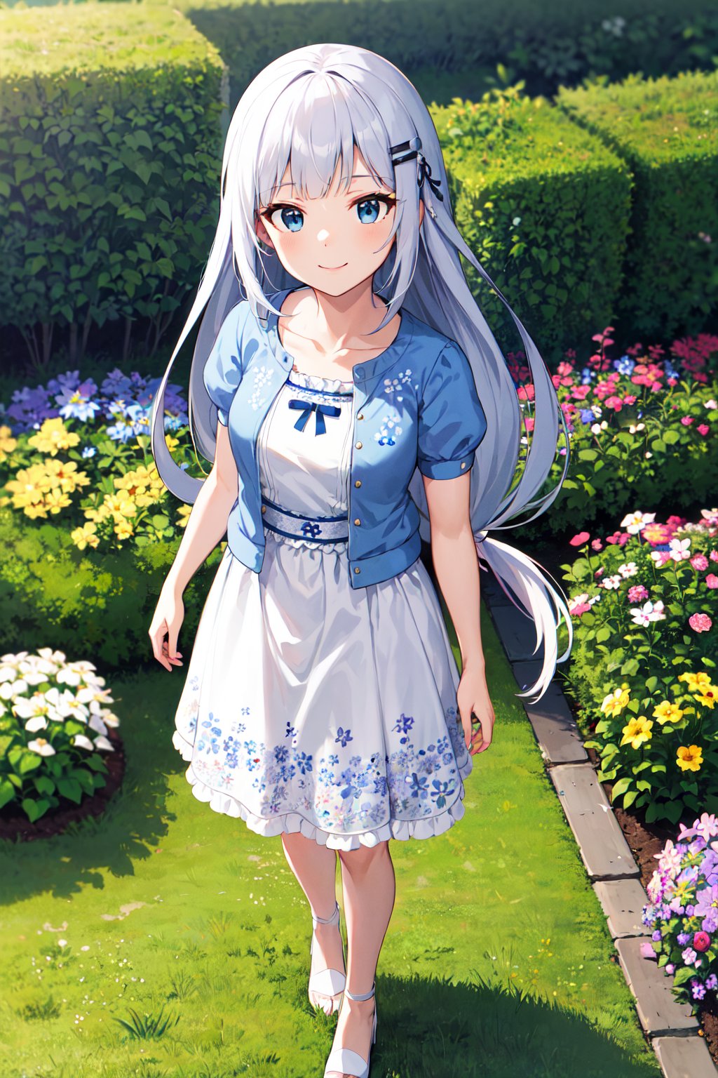 masterpiece, best quality, highres, aatsumugi, long hair, low-tied long hair, blunt bangs, hairclip, collarbone, short sleeves, blue jacket, white dress, puffy sleeves, open clothes, floral print, <lora:shiraishi_tsumugi_v1:0.7>, garden, smile, standing, from above, full body,