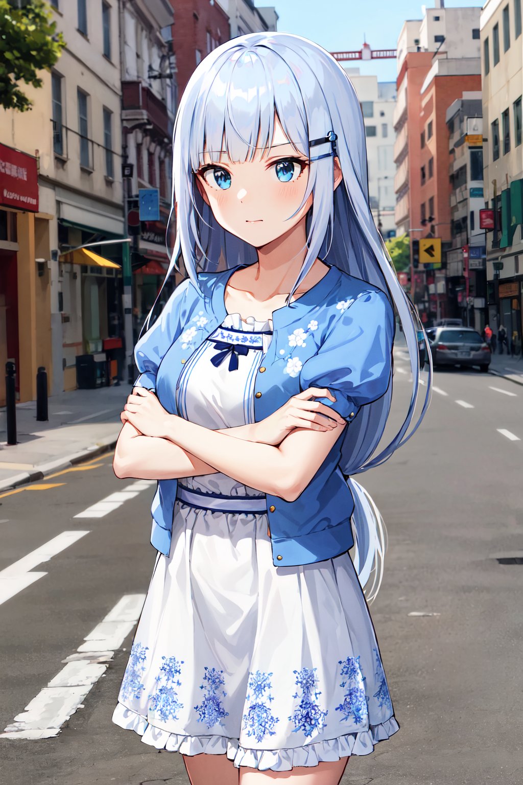 masterpiece, best quality, highres, aatsumugi, long hair, low-tied long hair, blunt bangs, hairclip, collarbone, short sleeves, blue jacket, white dress, puffy sleeves, open clothes, floral print, <lora:shiraishi_tsumugi_v1:0.7>, standing, street, crossed arms, cowboy shot