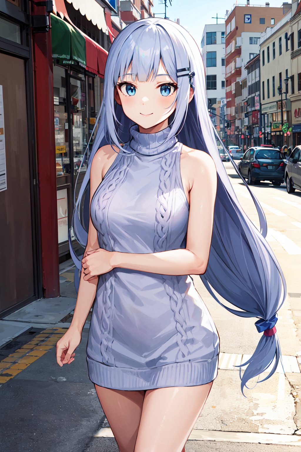 masterpiece, best quality, highres, aatsumugi, long hair, low-tied long hair, blunt bangs, hairclip, <lora:shiraishi_tsumugi_v1:0.7>, sweater dress, sleeveless, bare arms, virgin killer sweater, street, cowboy shot, street, walking, smile