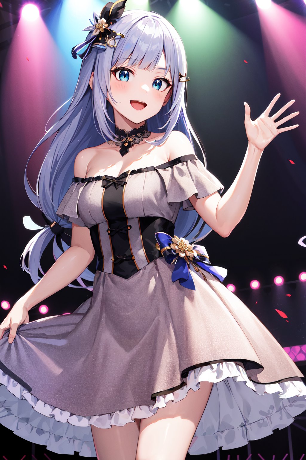 masterpiece, best quality, highres, aatsumugi, long hair, low-tied long hair, blunt bangs, hair ornament, <lora:shiraishi_tsumugi_v1:0.7>, idol, stage, dress, off shoulder, standing, smile, open mouth, waving