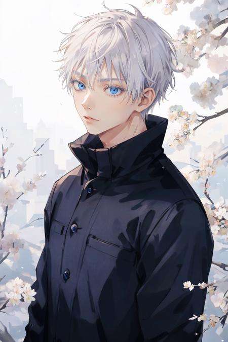 <lora:satorugojo:1>, satoru gojo,white hair,short hair,hair between eyes,blue eyes,colored eyelashses,