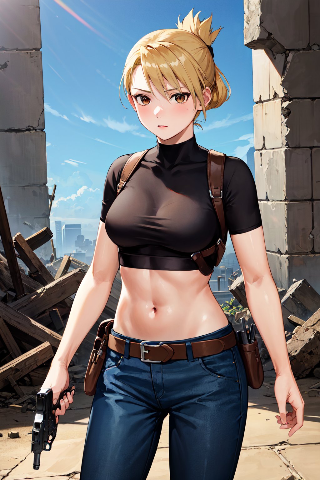 masterpiece, best quality, highres, 1girl, hmriza, folded ponytail, brown eyes, medium breasts, black shirt, tight shirt, holster, short sleeves, belt, covered navel, blue pants, <lora:riza_hawkeye_v1:0.7>, standing, cowboy shot, ruins, holding, pistol, weapon, handgun,